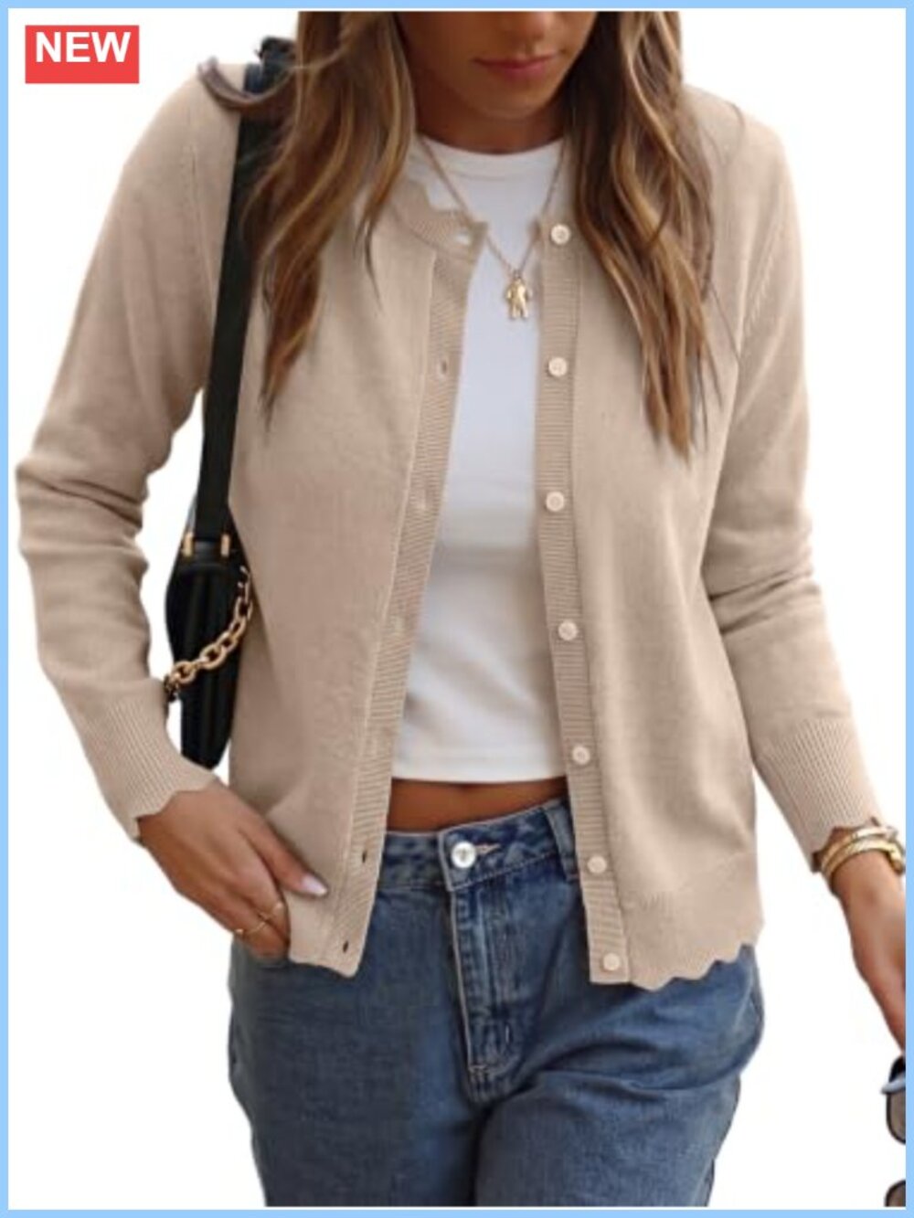 Lightweight Button Down Cardigan Sweater Ribbed Scalloped Trim Crew Neck